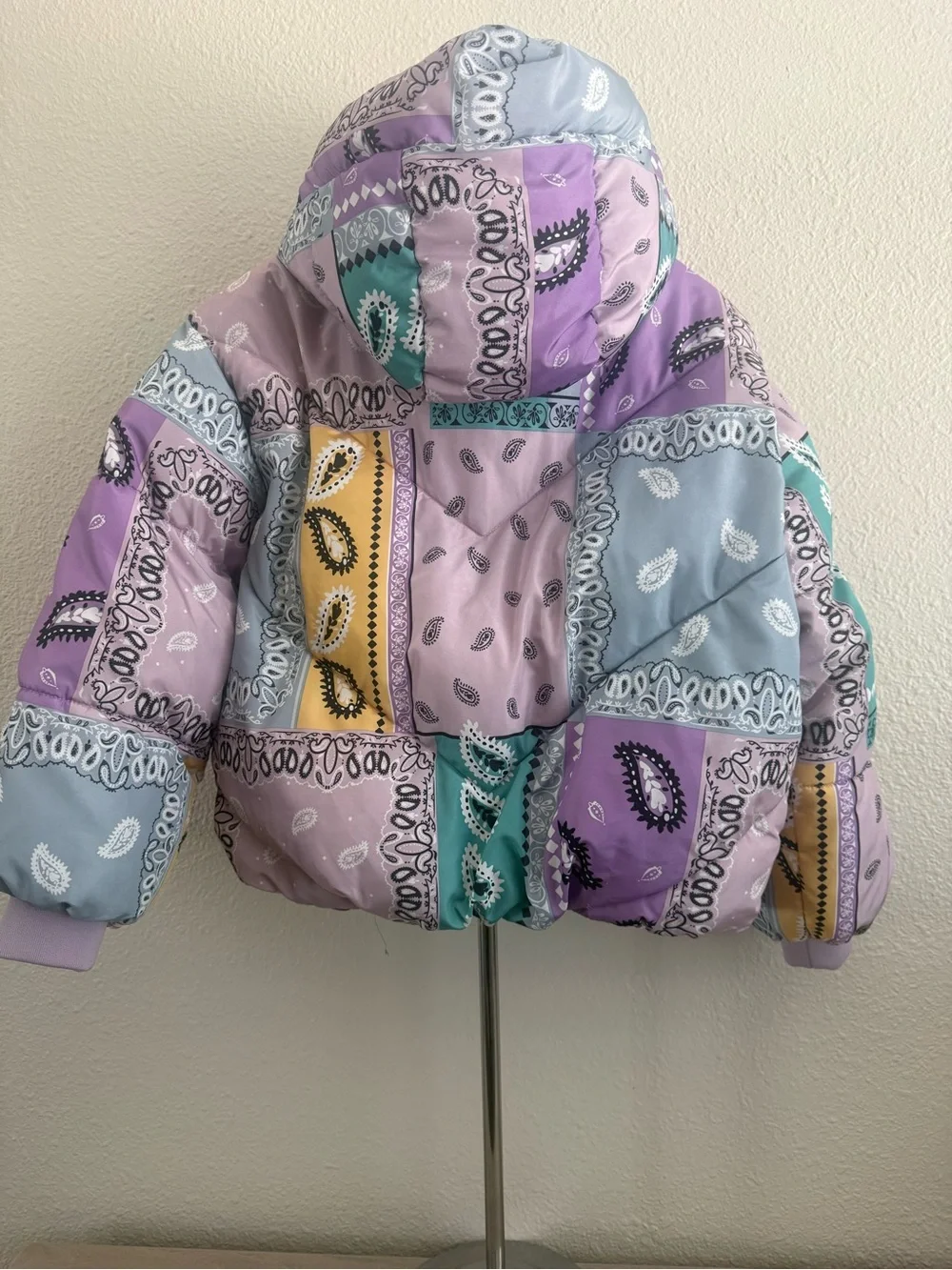 Zara Kids Bandana Patchwork Puffer Jacket - Purple, Teal & Light Blue
